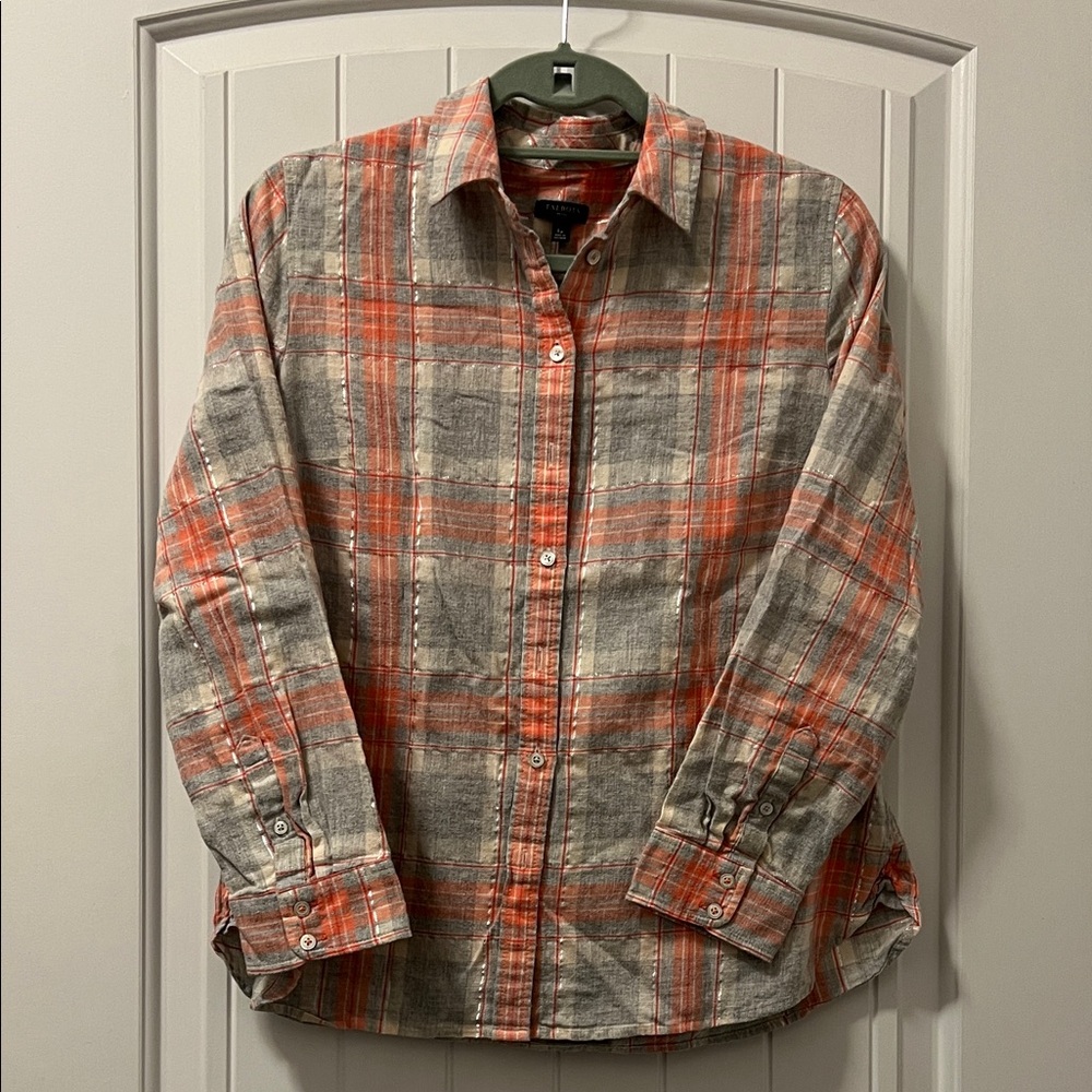Talbots Women’s Casual Plaid Shirt - Gray and Salmon w/Silver Thread